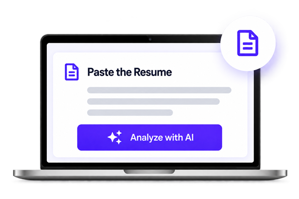 Laptop showing a resume paste screen and Analyze with AI button