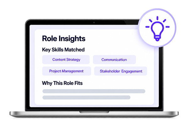 Laptop showing role insights with matched skills and why the role fits